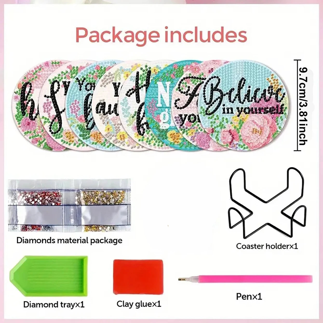 Diamond Painting Onderzetters – Set van 8 met Tekstpatronen en Houder