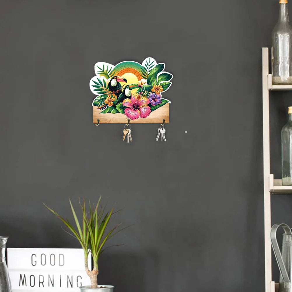 Diamond Painting Kapstok/Sleutelrek – Houten Haakjes met Schattige Vogel