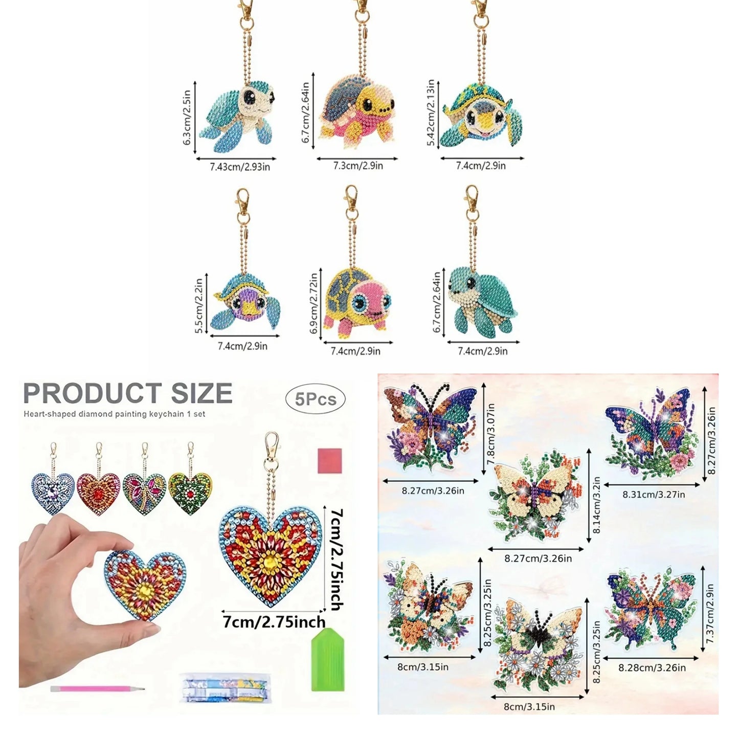 Diamond Painting Sleutelhangers Vlinder, hart of schildpad