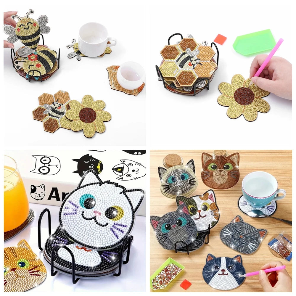 Diamond Painting Onderzetters met Houder - Katten, gnomes of bijtjes