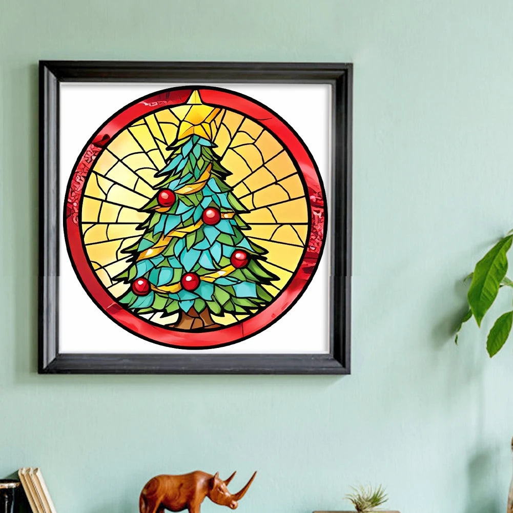 Borduurpakket Kerst – Glas-in-lood Kerstman, Kerstboom, Sneeuwpop