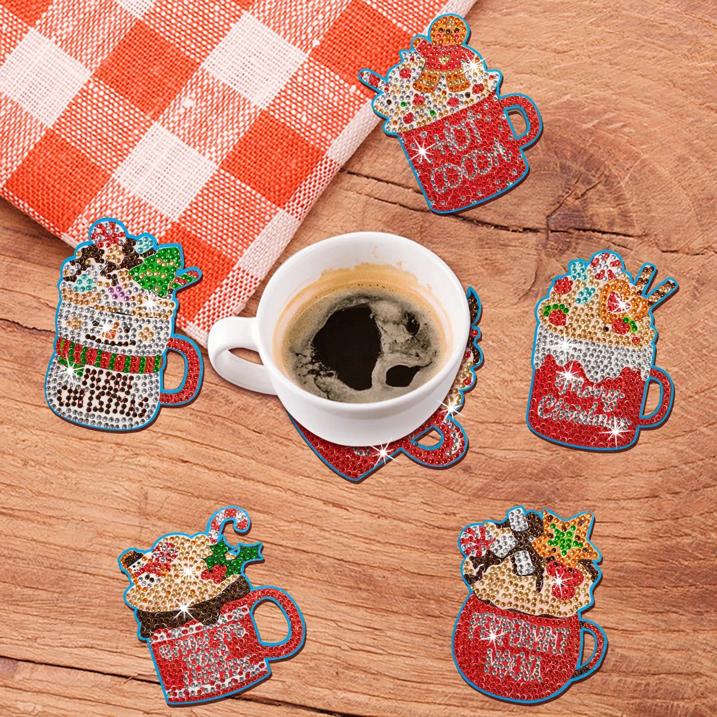 Diamond Painting Onderzetters Kerst Set – 10 Stuks met Houder - Kopjes