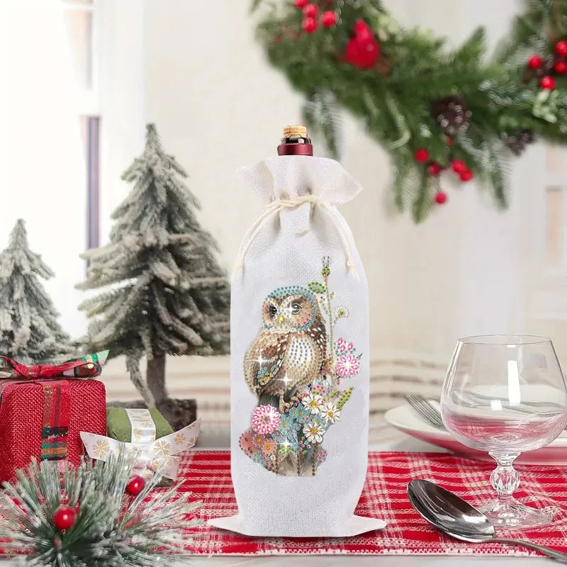 Diamond Painting Wijnfleszak met dierenprint – Kerst & Cadeau verpakking