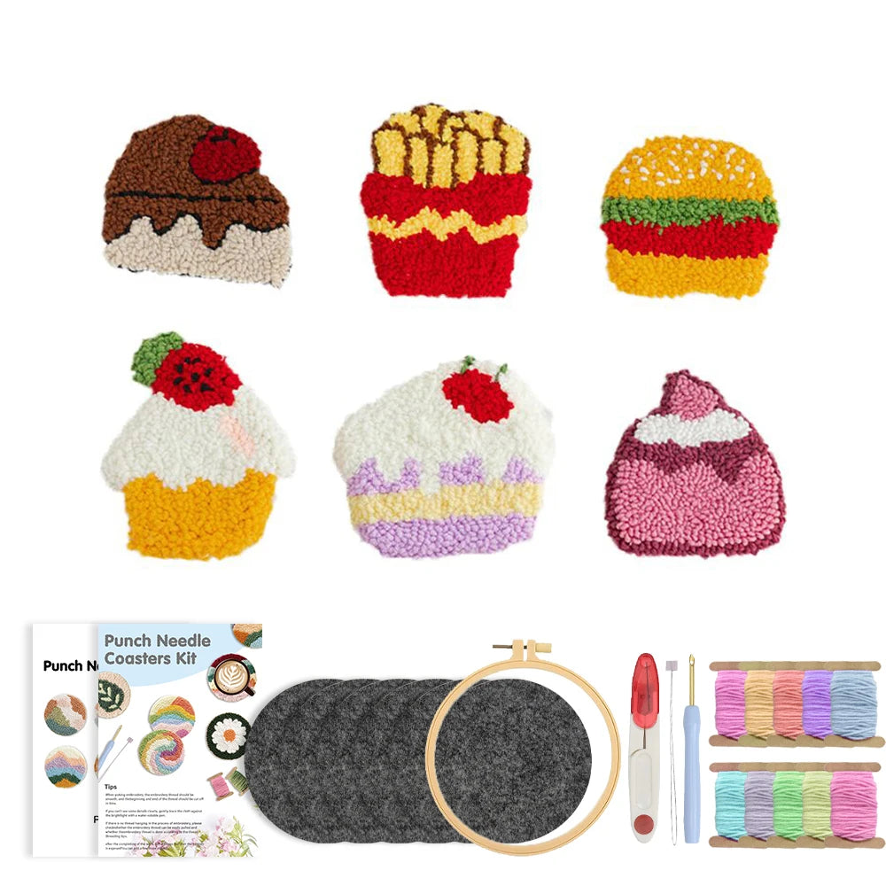 Punch Needle pakket Cartoon Eten Onderzetters Set 6 Stuks voor Beginners