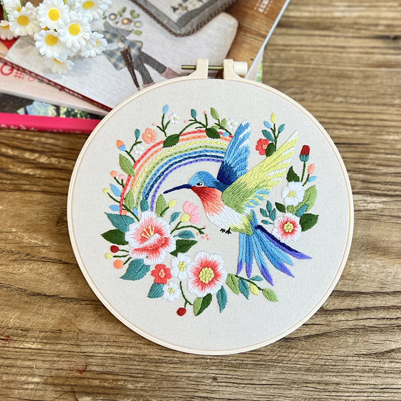Borduurpakket rond - Bloemen en vogels starterset kruissteek voor beginners