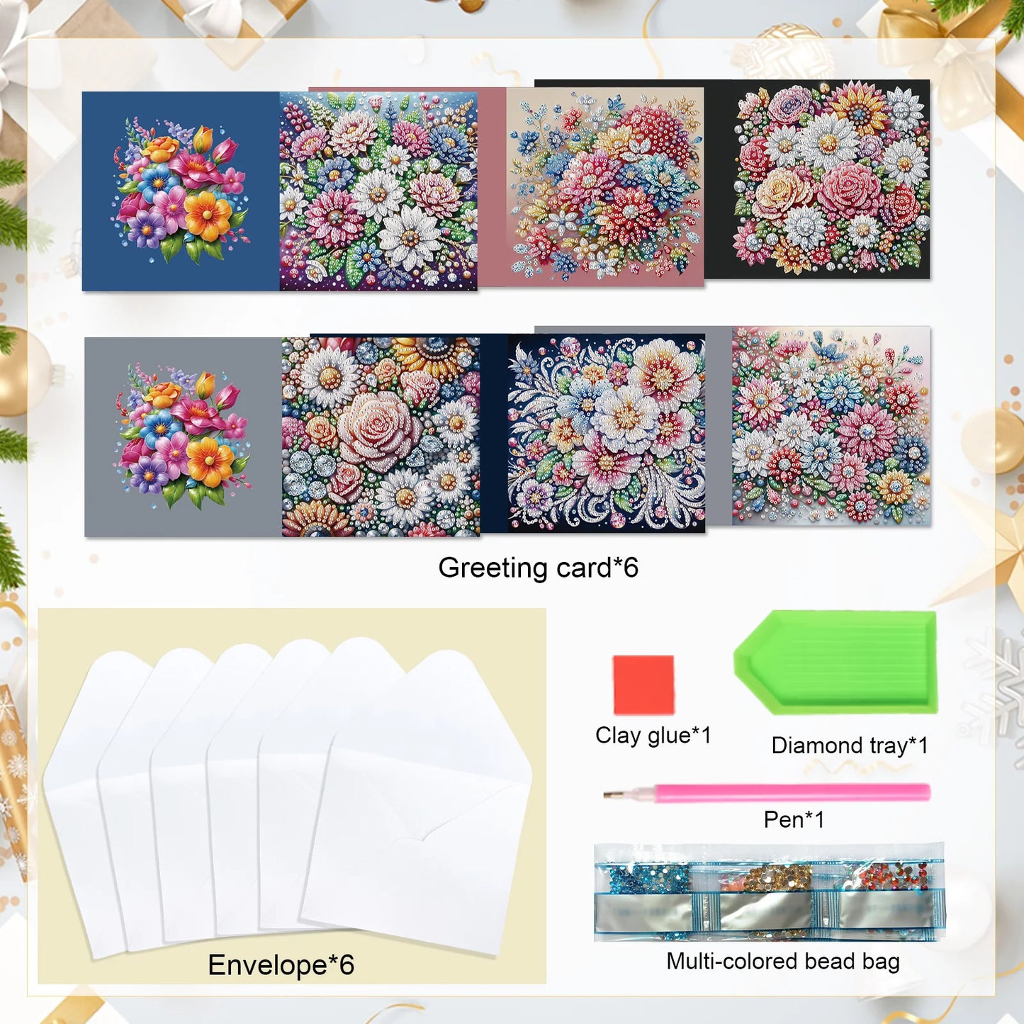 Diamond Painting Wenskaarten Set – Bloemen Festival met Enveloppen (6 stuks)