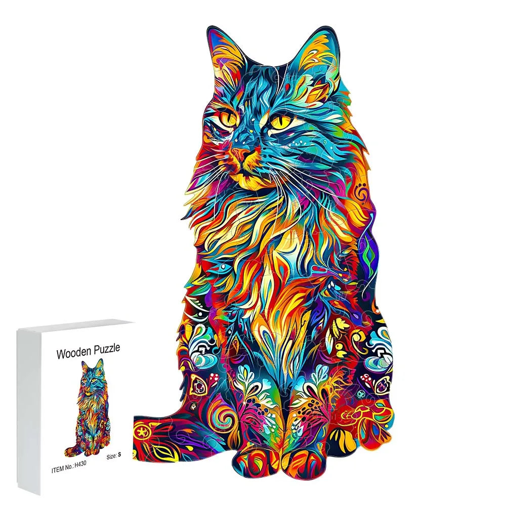 Houten figuren puzzel - Kat in Cadeauverpakking - Unieke en Luxe Geschenkoptie