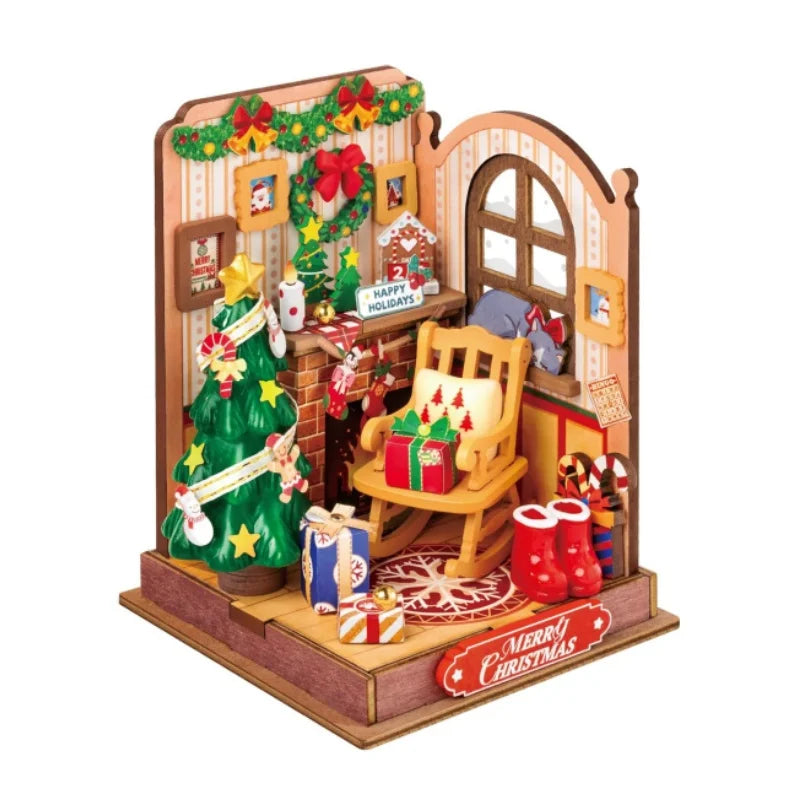 Zelfbouw miniatuur huisje met kersthaard – knus wintertafereel