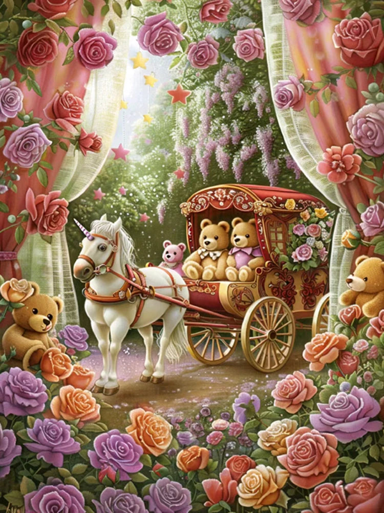 AB Diamond Painting op canvas – Fairy Dust Rozentuin met Koets en Beer