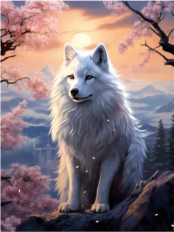 AB Diamond Painting op canvas – Wolf bij Maan en Bergen – Volledige bedekking – Keuze uit ronde of vierkante AB/Fairydust steentjes