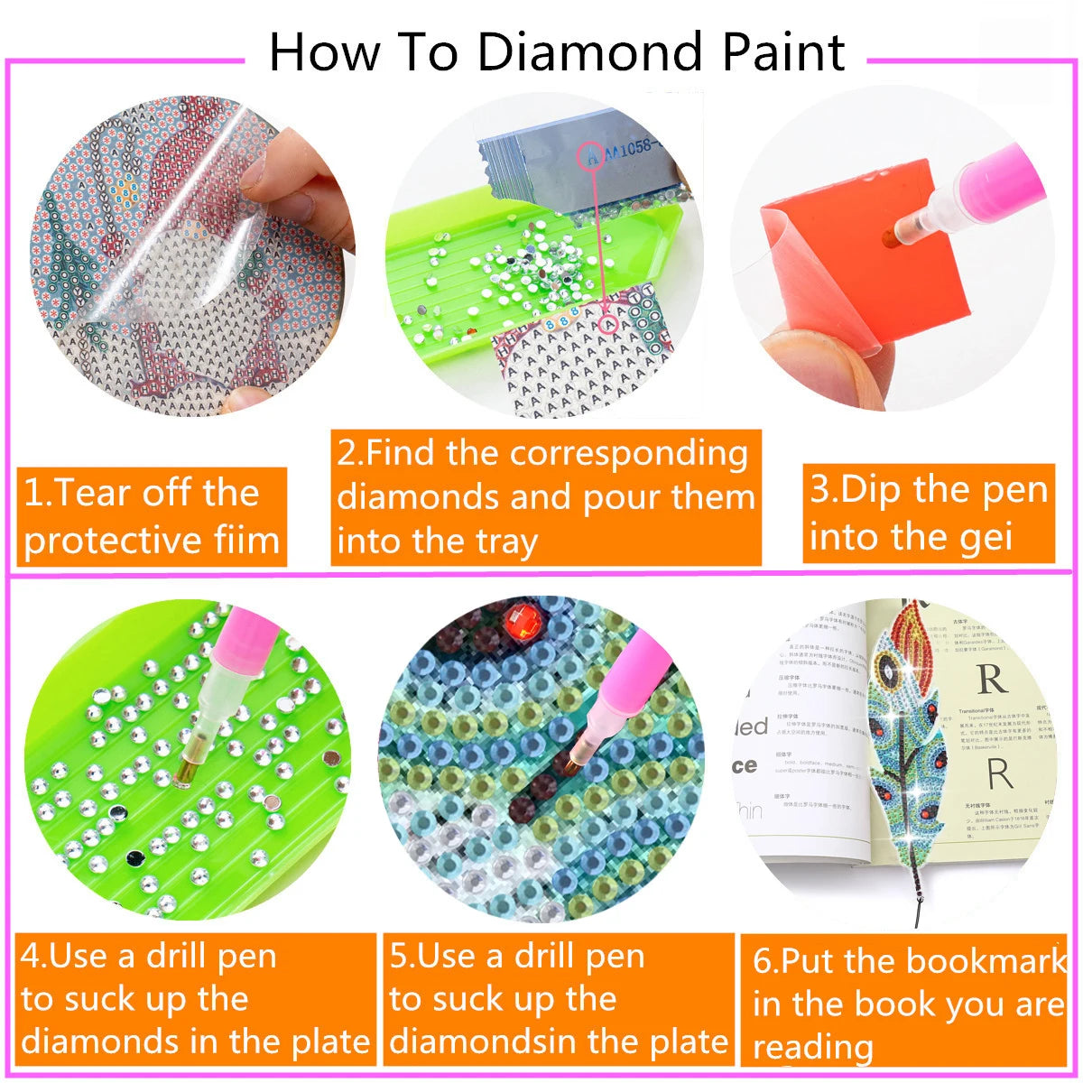 Diamond Painting Boekenlegger Veren met Kristal Hanger Set van 6