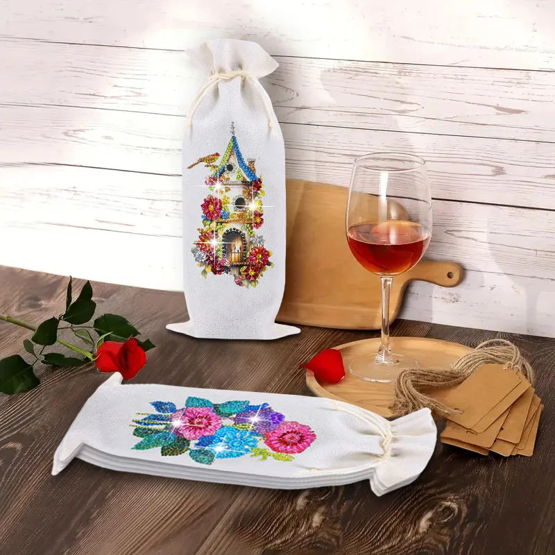 Diamond Painting bloemen en vlinder wijnfles tas set – creatieve kristallen kunst