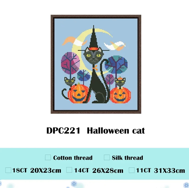 Borduurpakket Halloween Kat – Kruissteek op Blauw Aida – 18ct/14ct/11ct