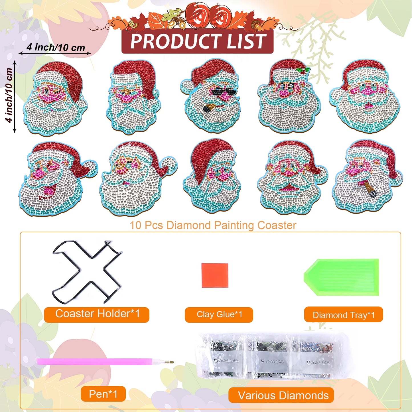 Diamond Painting Onderzetters Kerst Set – 10 Stuks met Houder - Kerstman
