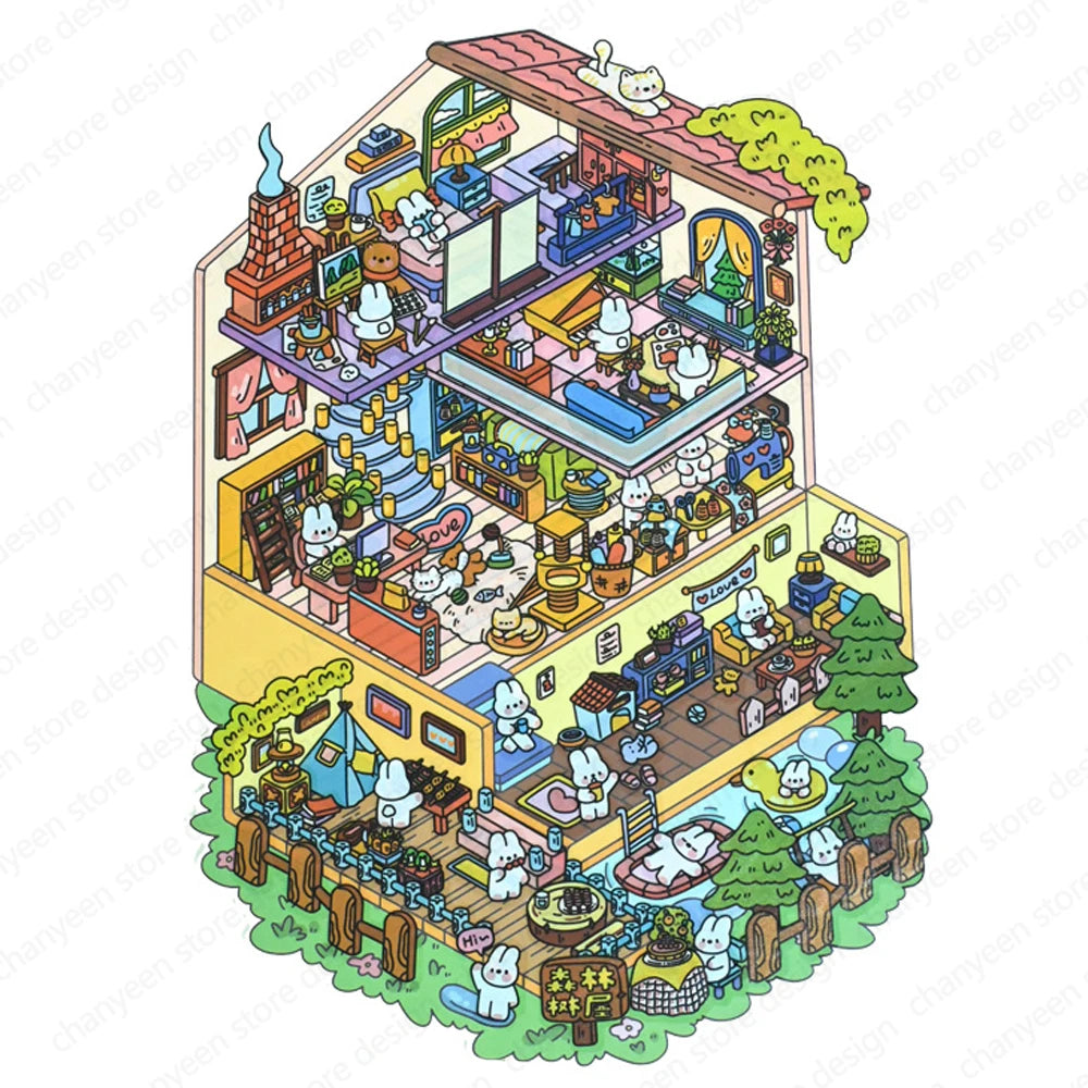 Sticker homestyling set cartoon konijn en pinguïn cabin scene interieurdecoratie