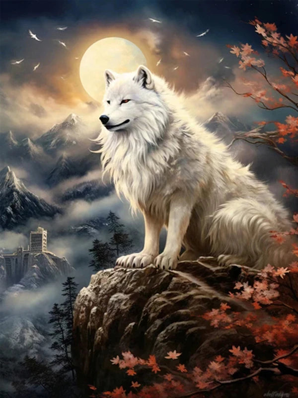 AB Diamond Painting op canvas – Wolf bij Maan en Bergen – Volledige bedekking – Keuze uit ronde of vierkante AB/Fairydust steentjes