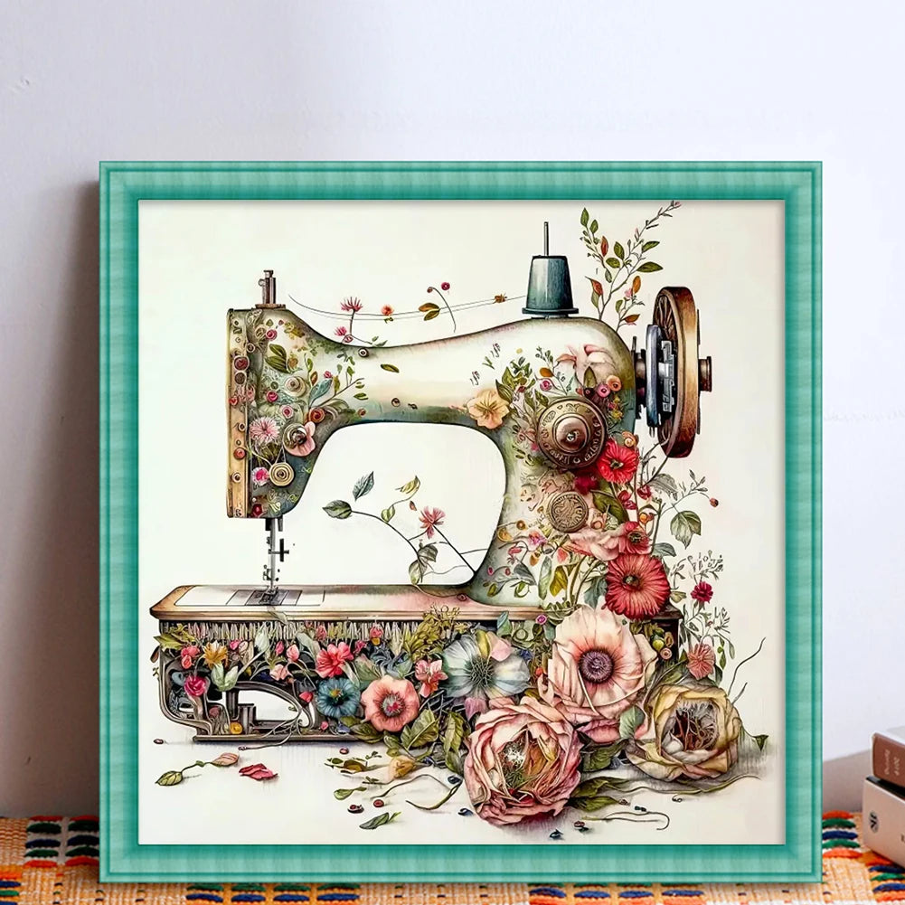 Borduurpakket Bloemmotief met Naaimachine – 40x40cm Complete Set