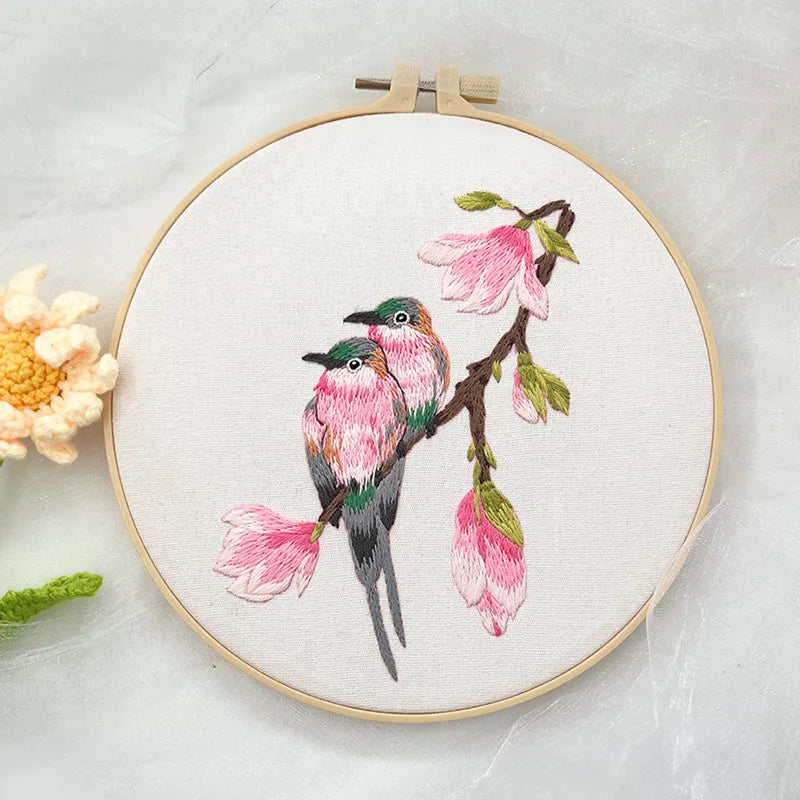 Borduurpakket rond - Bloemen en vogels starterset kruissteek voor beginners
