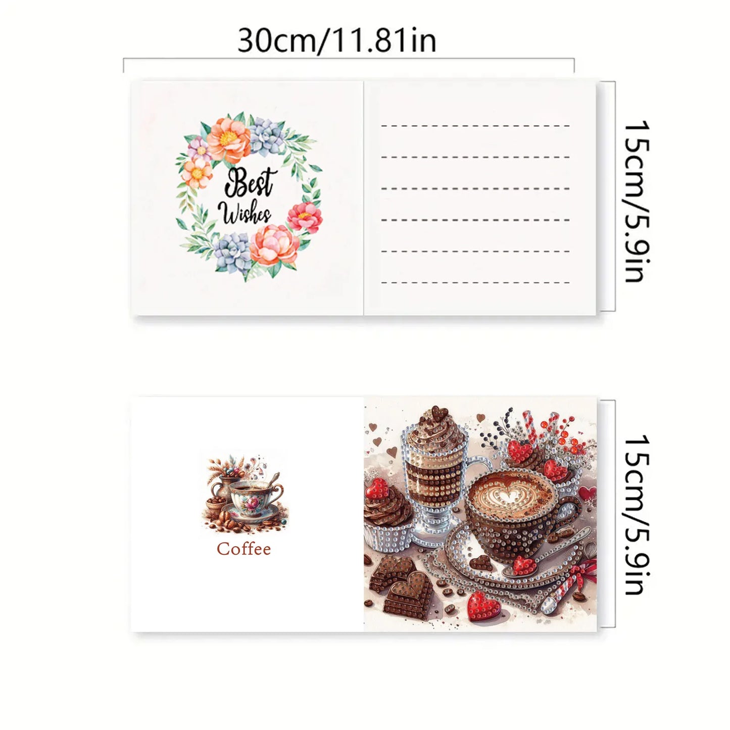 Diamond Painting Wenskaarten Set - Koffie Thema, Zegeningen en Wensen (6 Stuks)