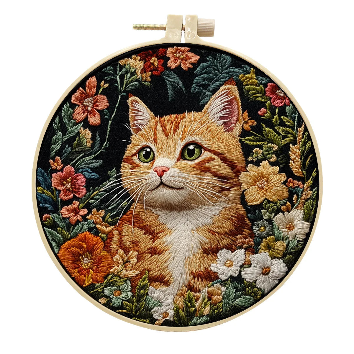 Borduurpakket rond kat en bloemen zwart patroon voor wanddecoratie