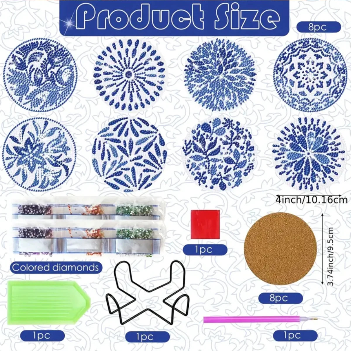Diamond Painting Onderzetters - 8-delige Set met Blauw-Wit Porselein Patroon + houder