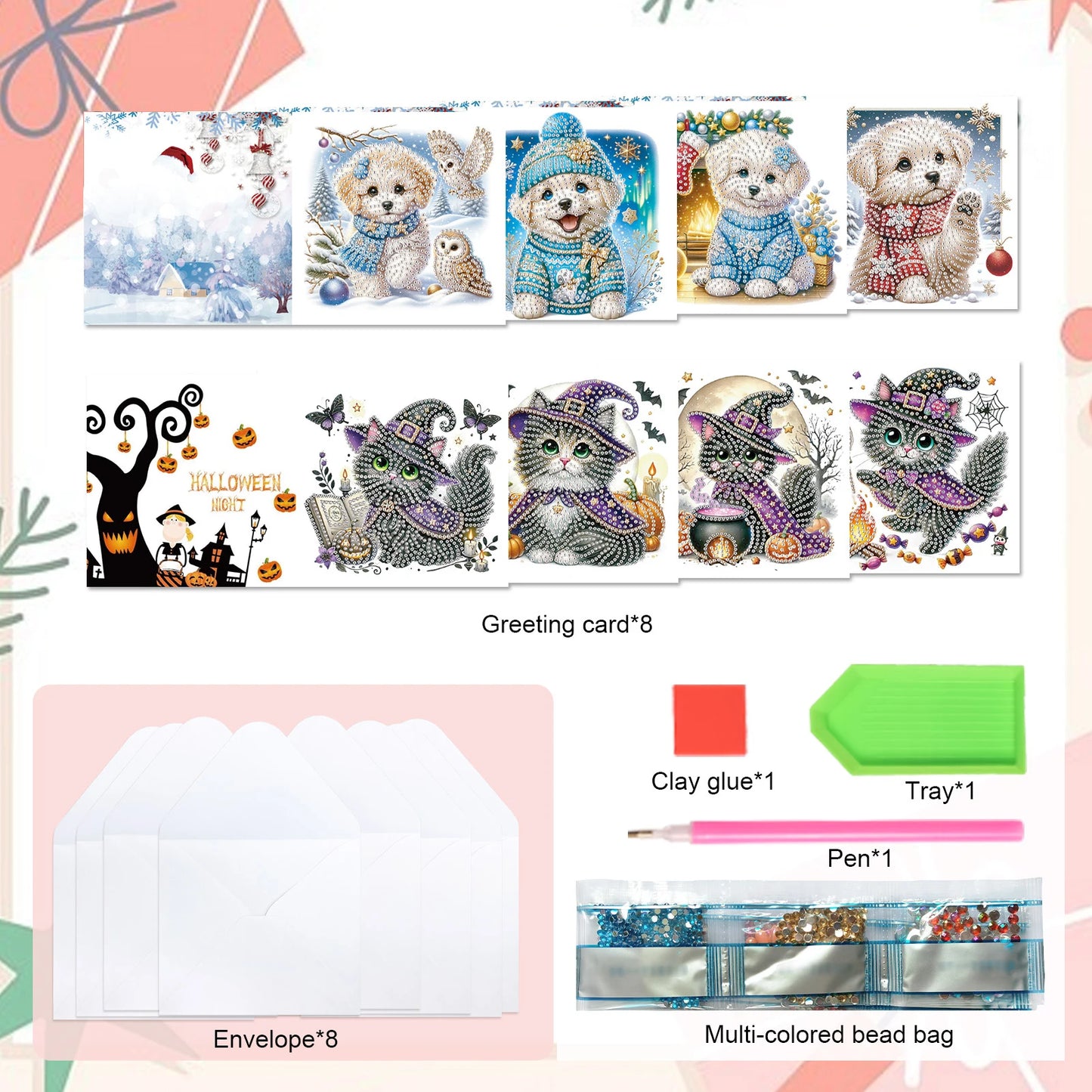 Diamond Painting Wenskaarten set - Katten en Honden (8 stuks)