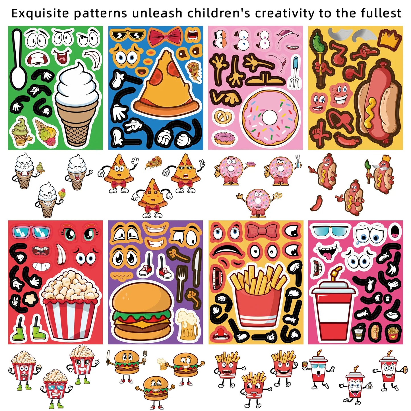 Sticker pret – Cartoon stickers met hamburgers, frietjes & snacks