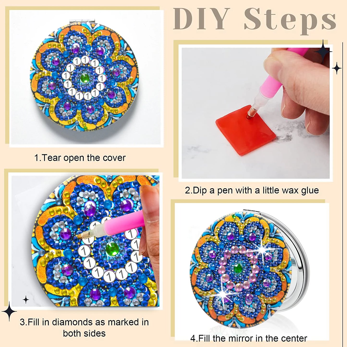 Diamond Painting Spiegel Opvouwbare Compacte Pocketspiegel Mandala PU Leer 7x7cm - 135
