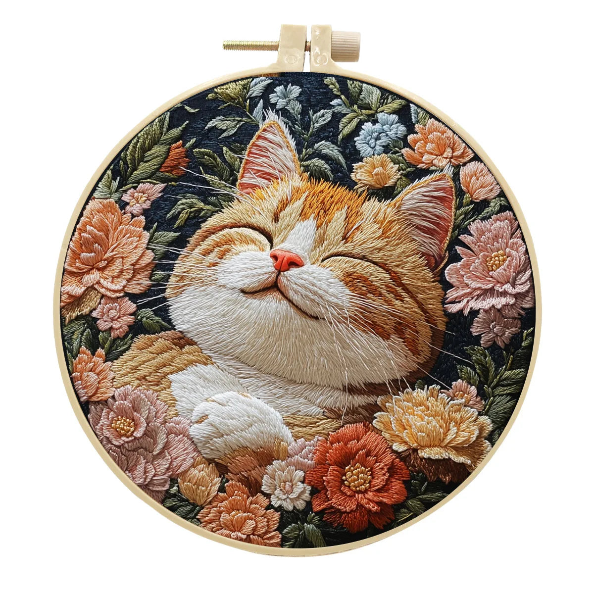 Borduurpakket rond kat en bloemen zwart patroon voor wanddecoratie