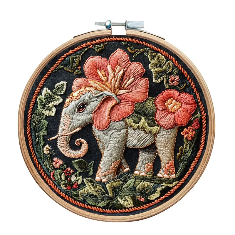 Borduurpakket rond - Olifant kruissteek met garen en naalden