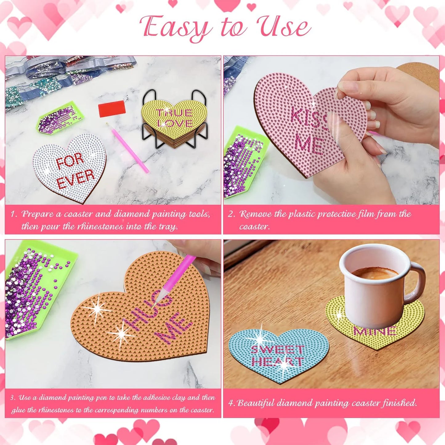 Diamond Painting Onderzetters - Set van 10 Hartjes met Houder
