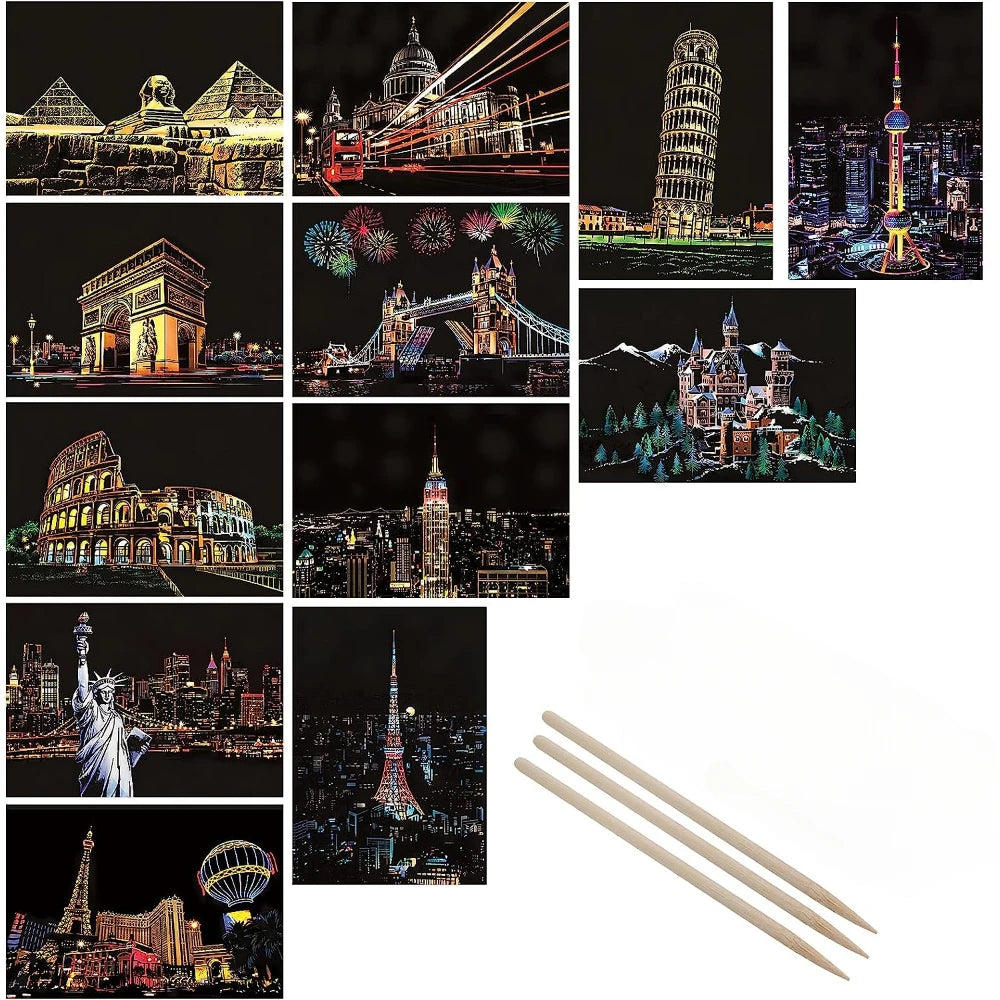 Krastekeningen Nachtelijke Stadsgezichten – Set van 4