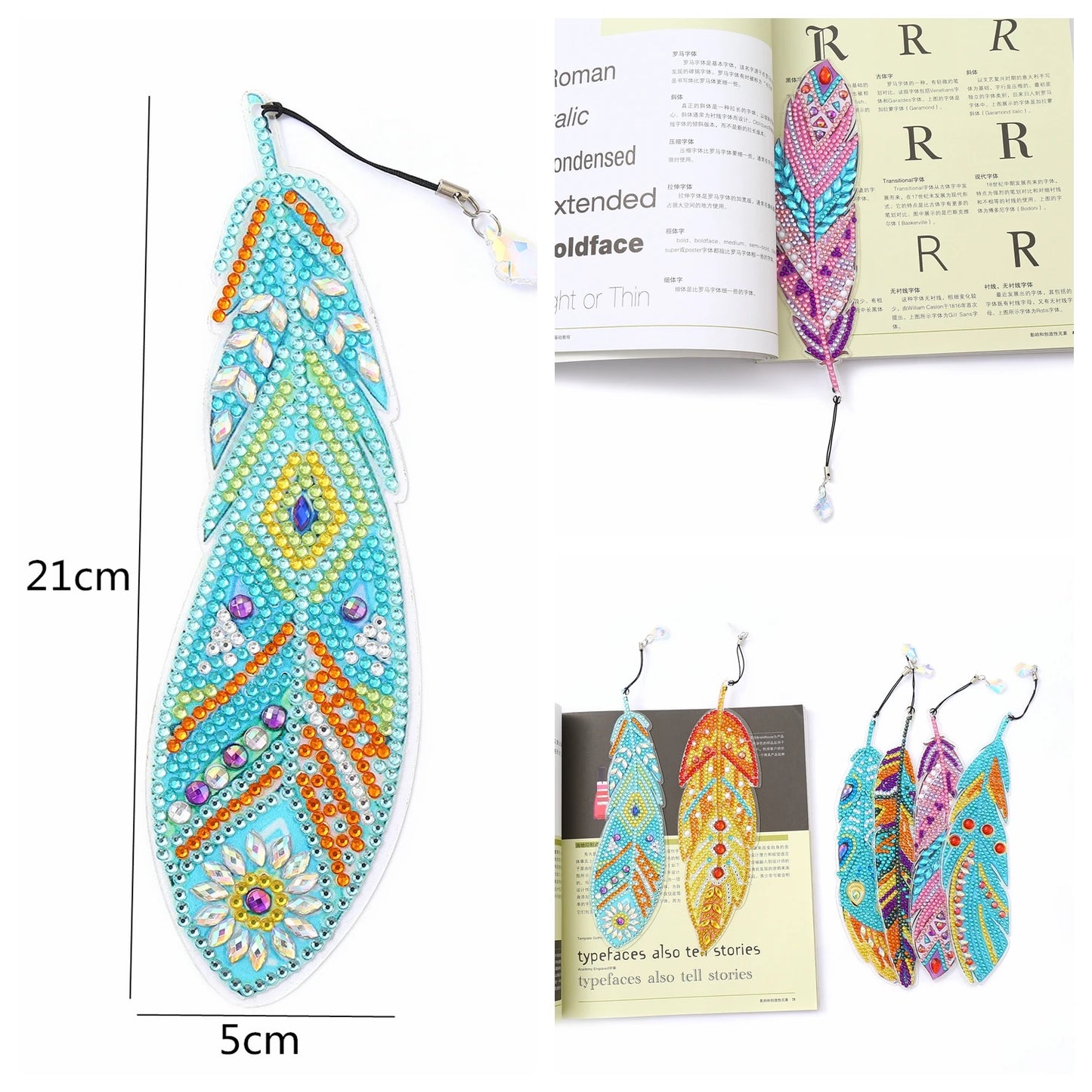 Diamond Painting Boekenlegger Veer – Set van 6 met Kristallen Hangers