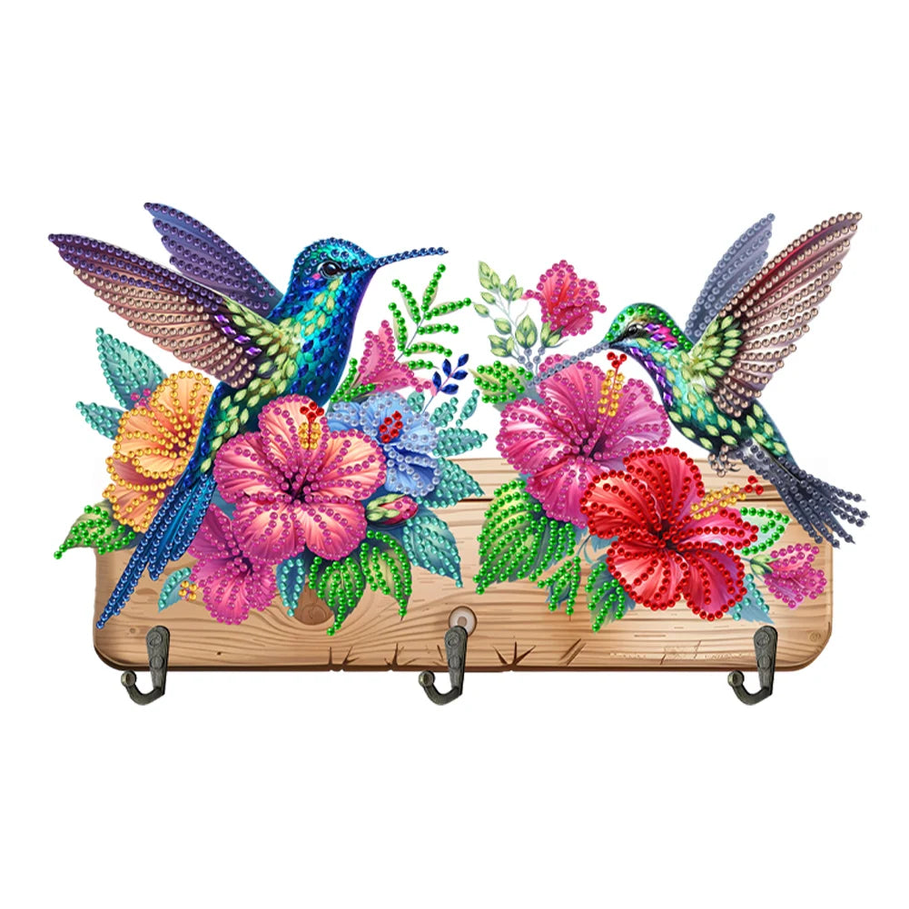 Diamond Painting Kapstok/Sleutelrek - Houten Libelle & Bloemen met Steentjes