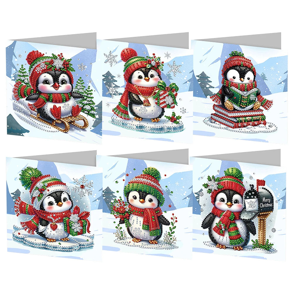 Diamond Painting Kerstkaarten set - Pinguïns (6 stuks)