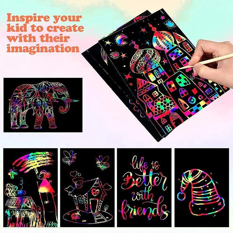 Krastekeningen set 60-delig Regenboog Scratch Art Papier met Sjablonen