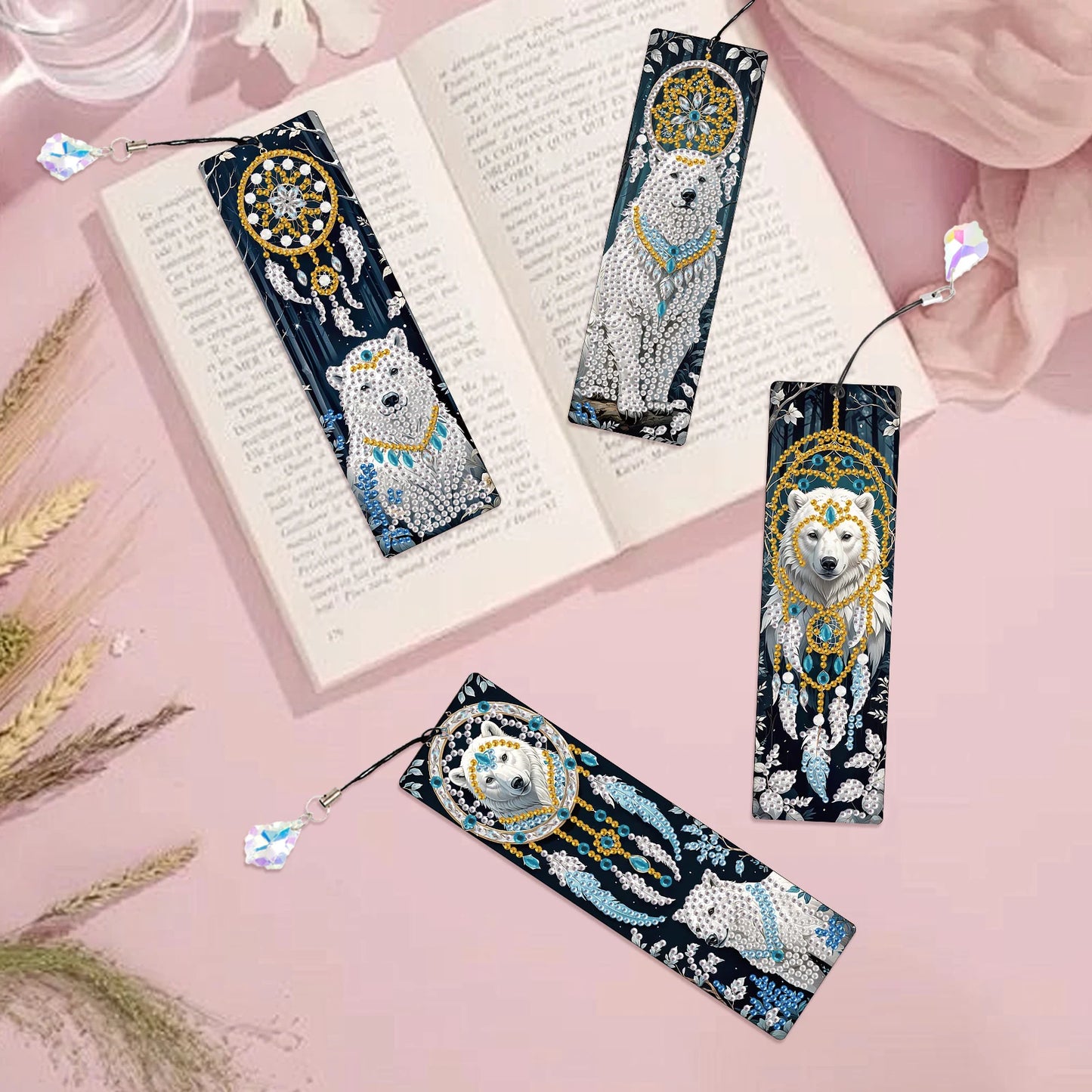 Diamond Painting Boekenlegger Witte Vos en Beer Set met 8 Stuks