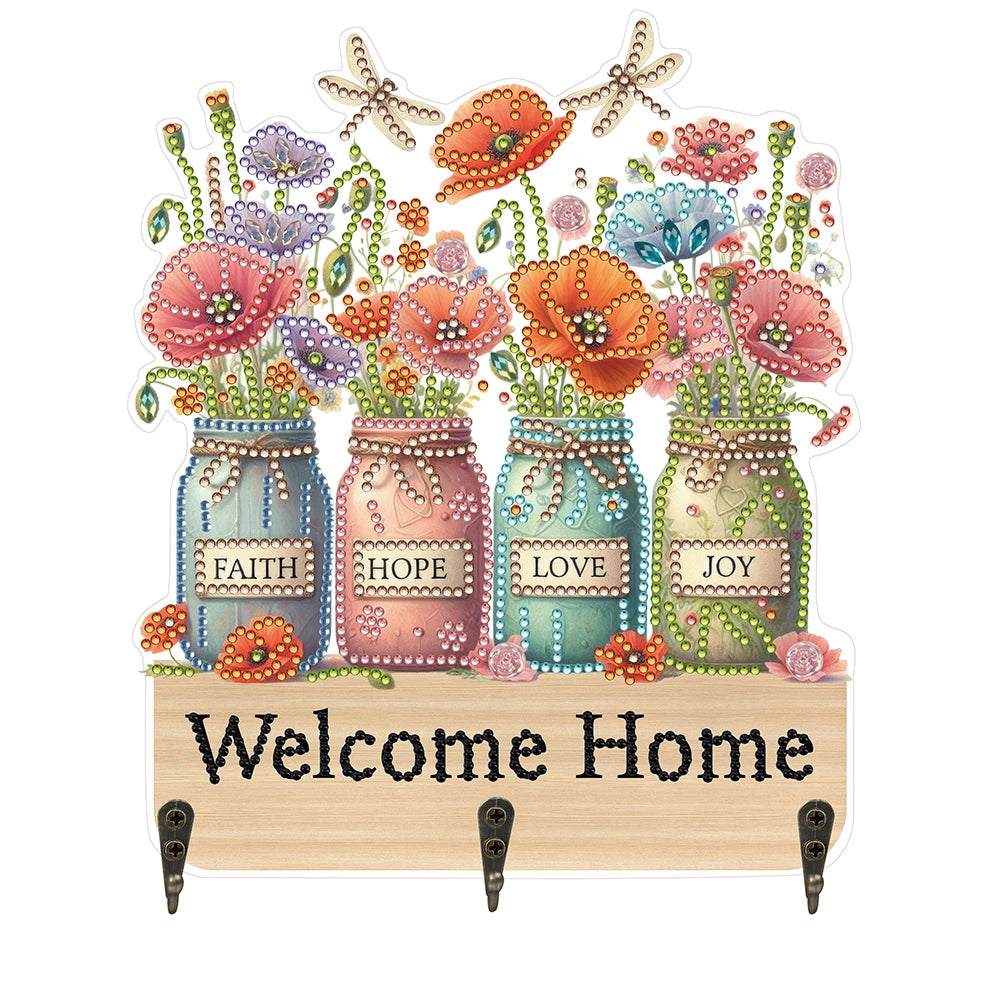 Diamond Painting Kapstok/Sleutelrek - Houten Libelle & Bloemen met Steentjes