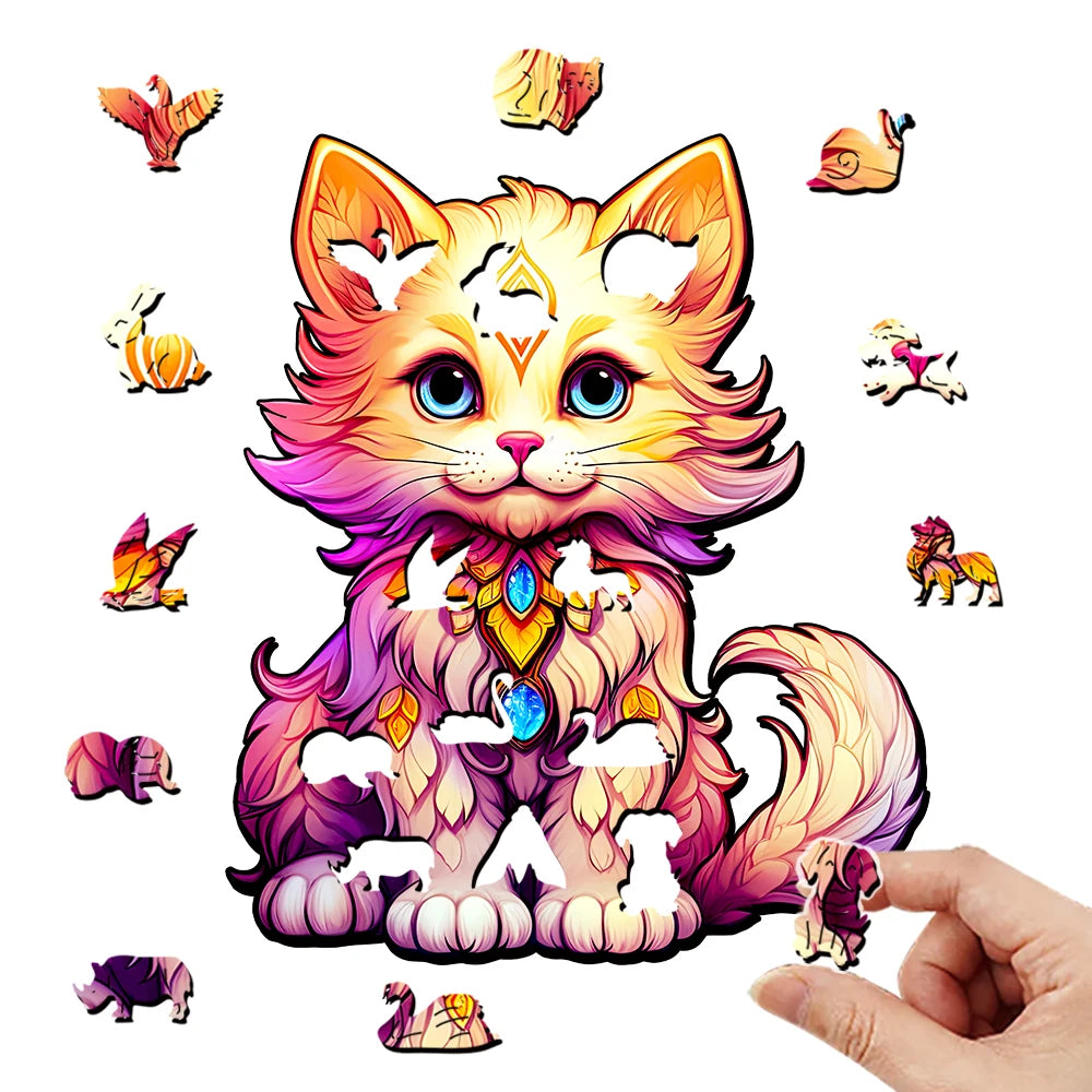 Houten figuren puzzel - Kleurige Kat (Onregelmatige vormen, cadeauverpakking)