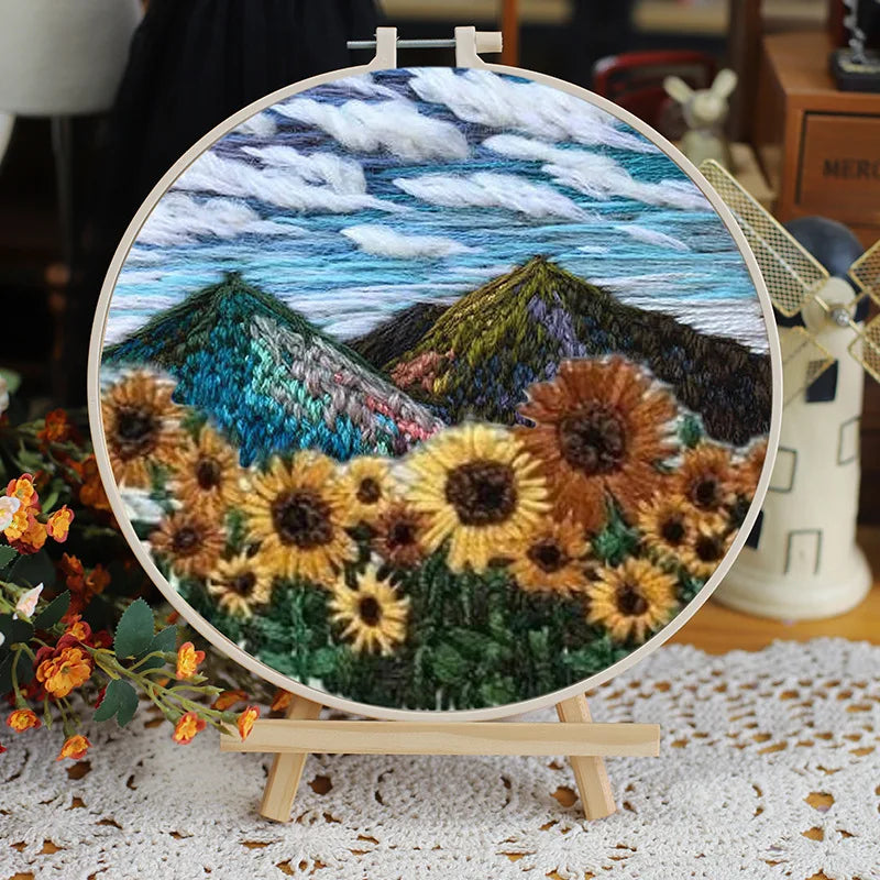 Borduurpakket Rond – Bloemenlandschap in 3D Kruissteek