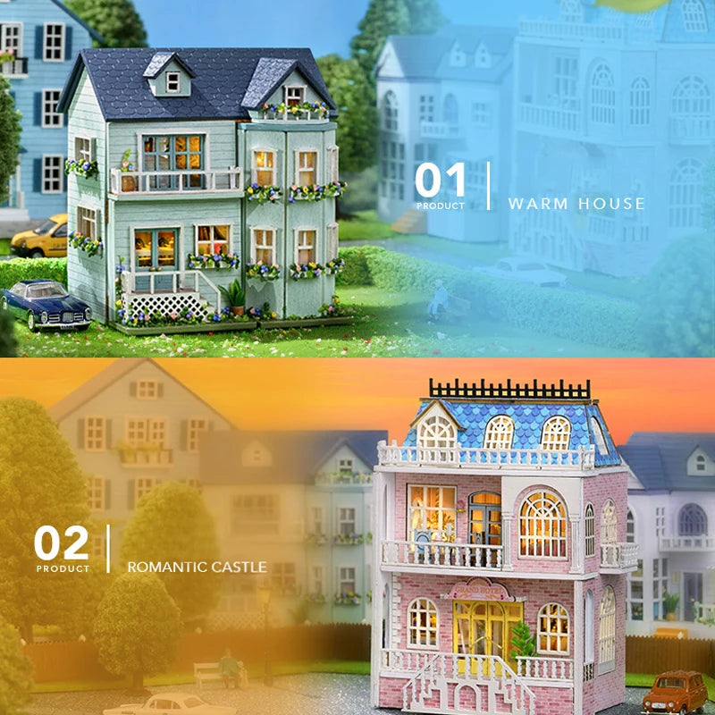 Zelfbouw miniatuurhuisje houten villa met meubels en verlichting - D-018