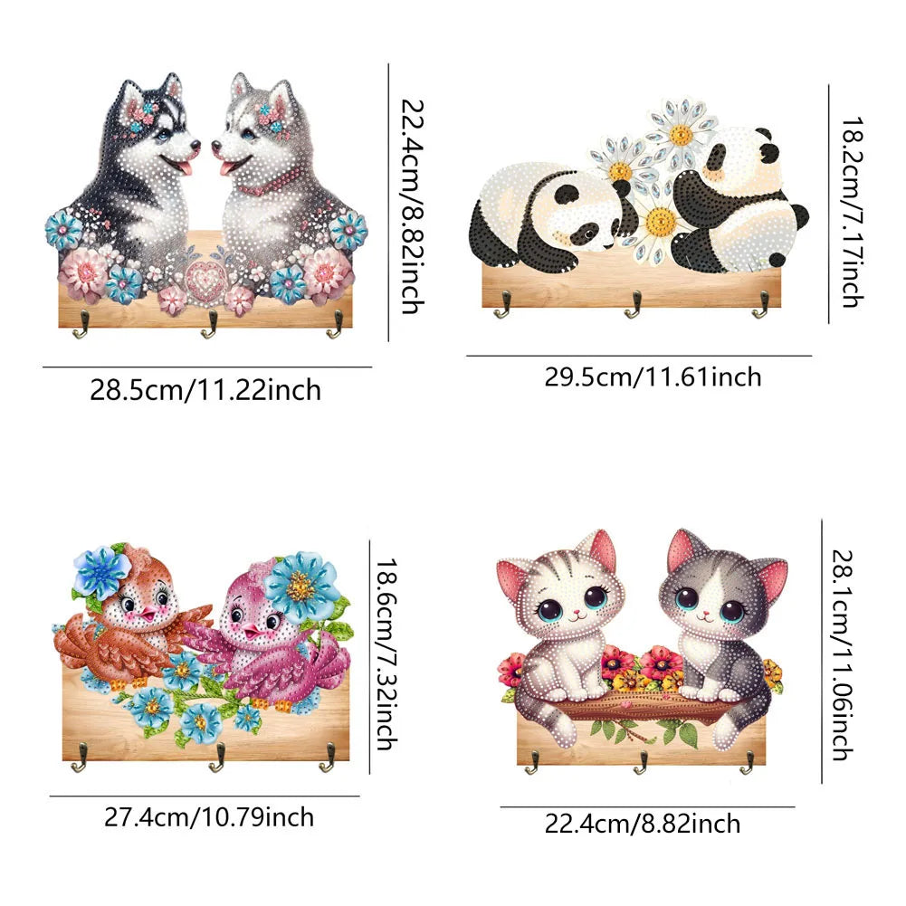 Diamond Painting Kapstok/Sleutelrek – Houten Haakjes met Schattige Dieren