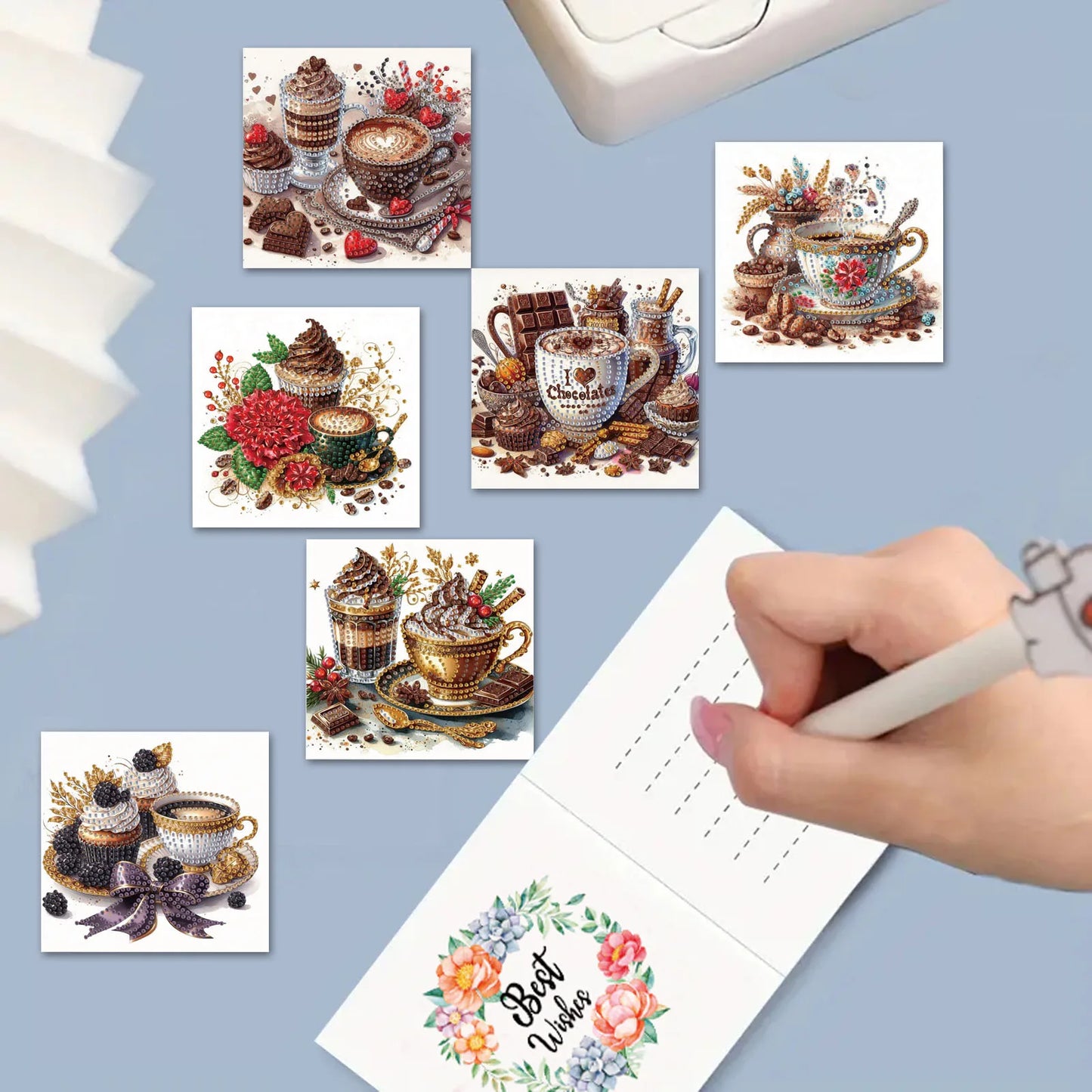 Diamond Painting Wenskaarten Set - Koffie Thema, Zegeningen en Wensen (6 Stuks)