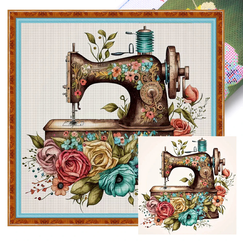 Borduurpakket Bloemmotief met Naaimachine – 40x40cm Complete Set