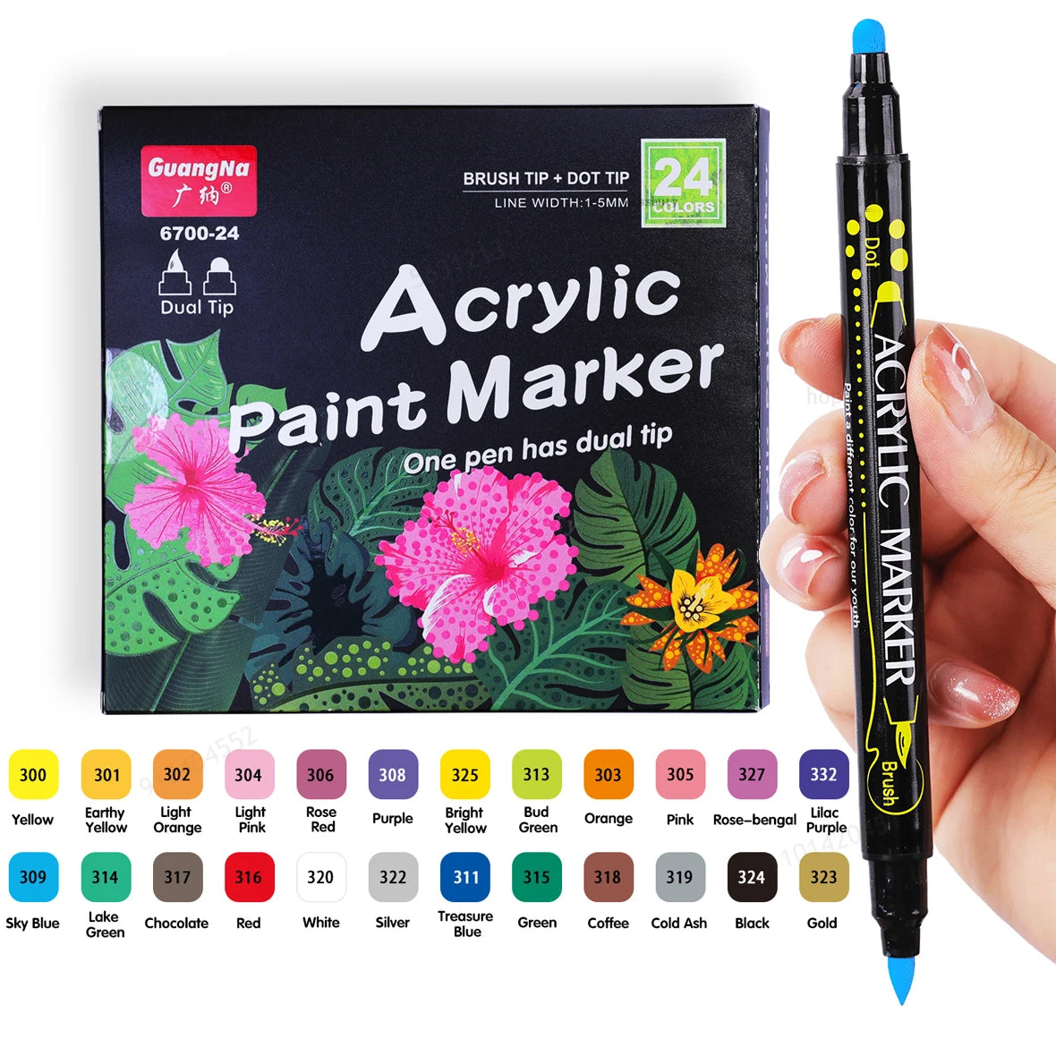 Stiften set 24 kleuren acryl met dubbele punt voor schilderen en knutselen