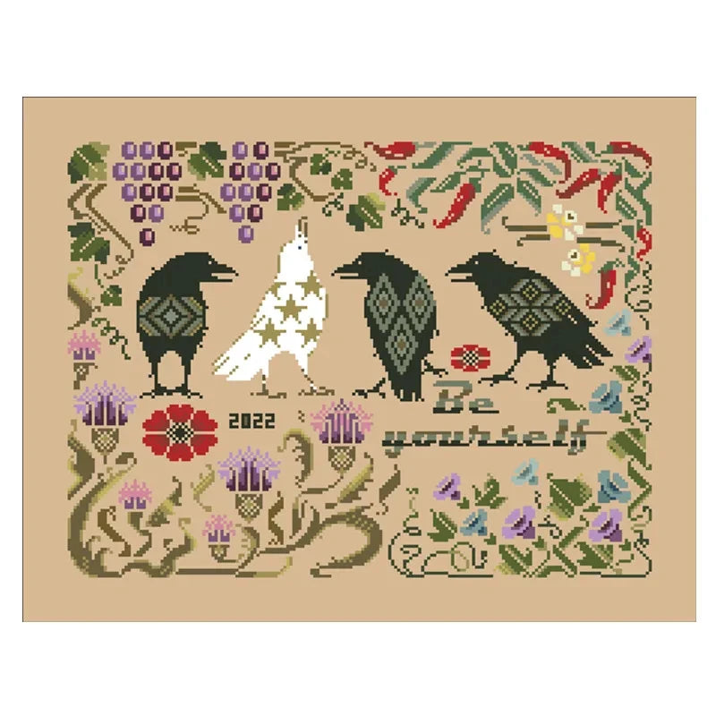Borduurpakket Kraaien en Bloemen op Linnen Canvas