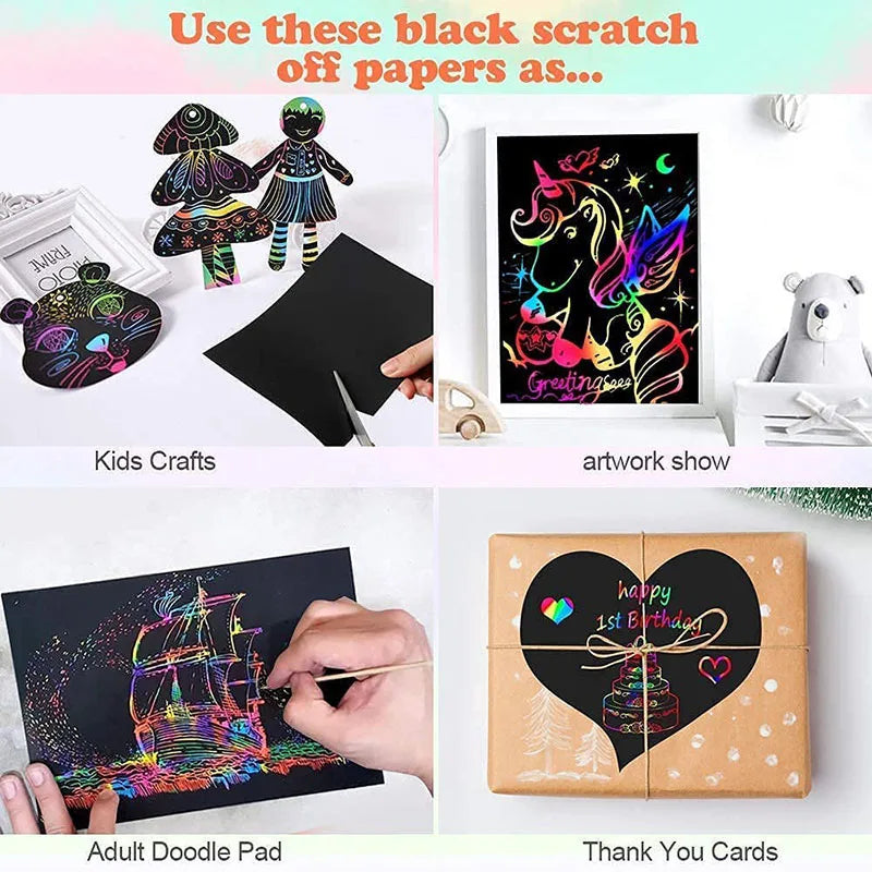 Krastekeningen set 60-delig Regenboog Scratch Art Papier met Sjablonen