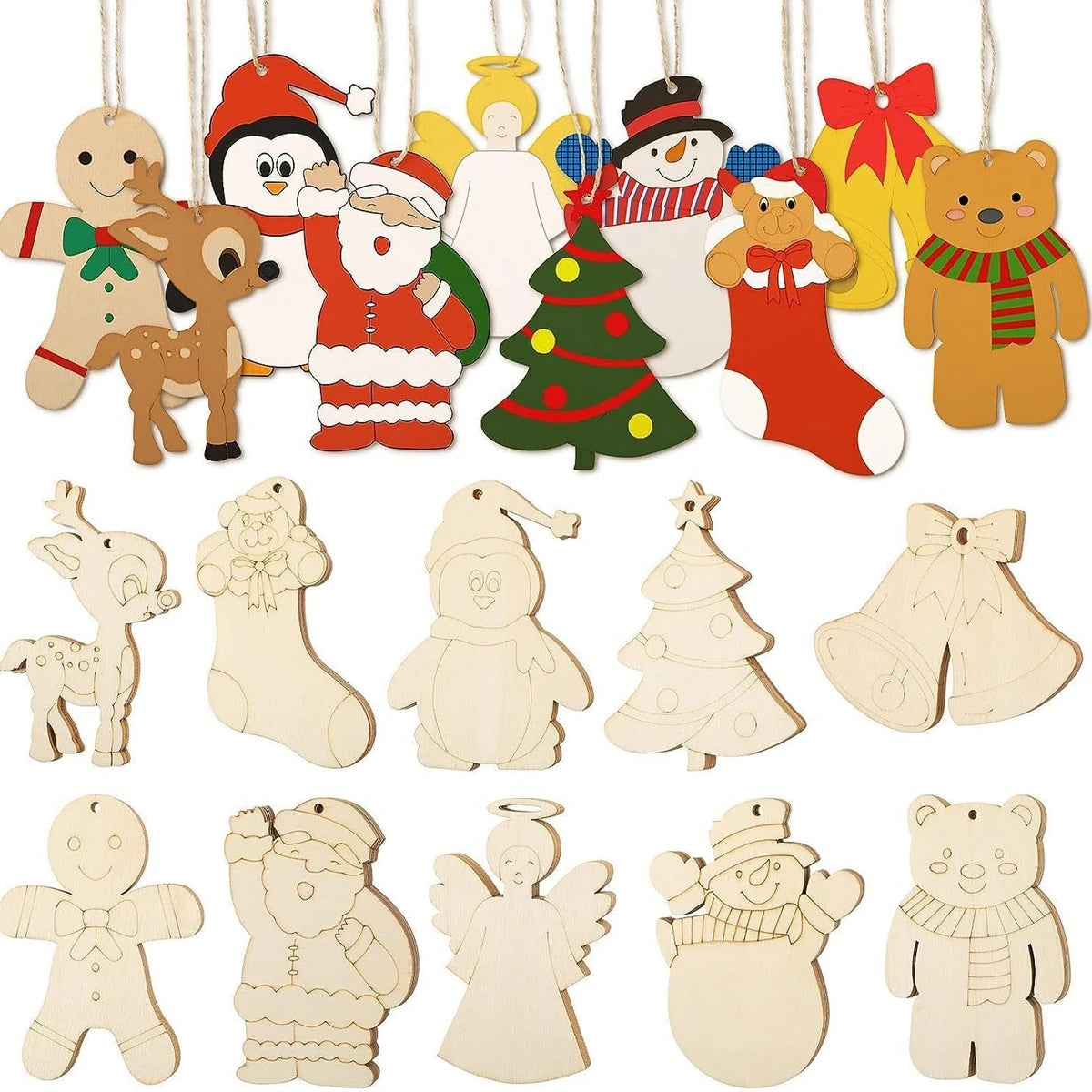 Houten figuur om zelf te kleuren/schilderen – kerstornamenten set (10 stuks)
