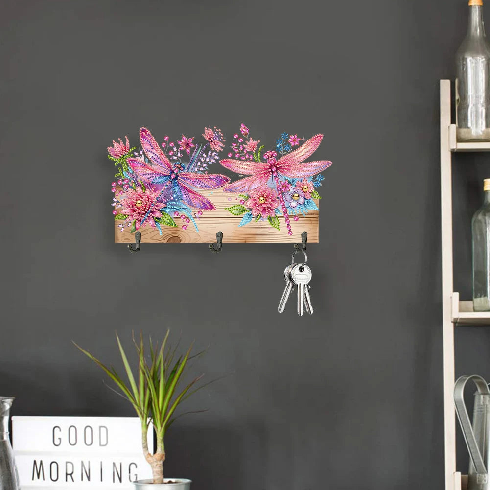 Diamond Painting Kapstok/Sleutelrek - Houten Libelle & Bloemen met Steentjes
