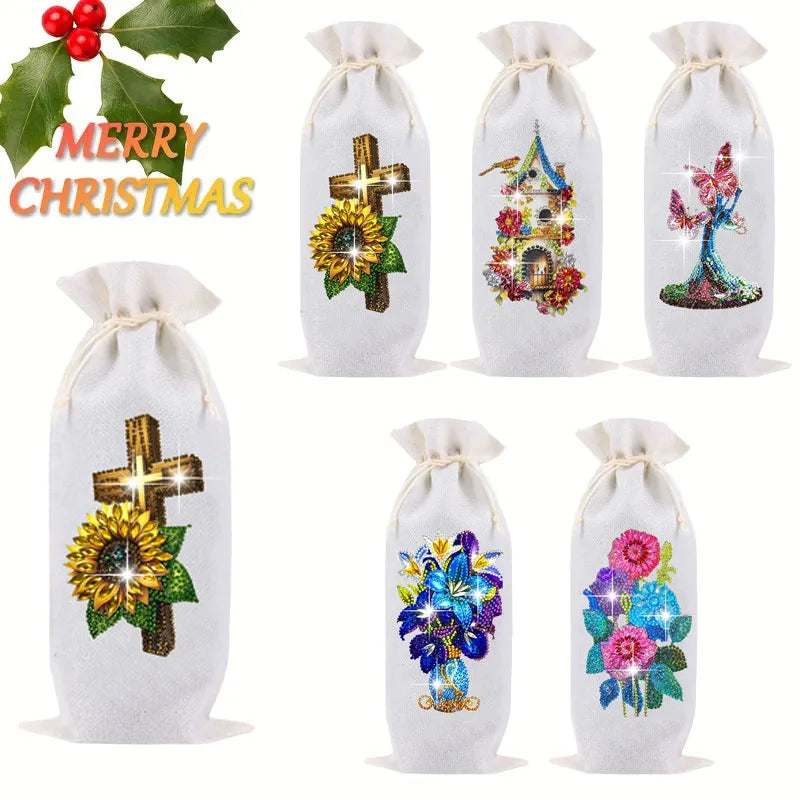 Diamond Painting bloemen en vlinder wijnfles tas set – creatieve kristallen kunst